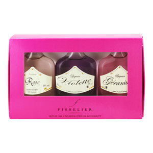 Tasting Box 3 mignonnettes liqueur granium, rose et violette Fisselier